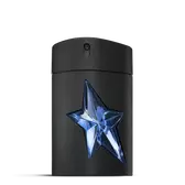 Zwarte A*Men Mugler fles met blauwe ster op een lichtgrijze achtergrond