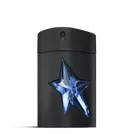 Zwarte A*Men Mugler fles met blauwe ster op een lichtgrijze achtergrond