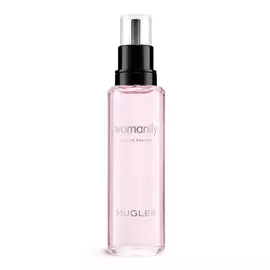 Roze Mugler Womanity parfum-navulflacon met zwart pompje tegen een witte achtergrond