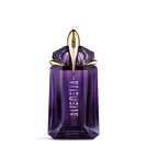 Mugler Alien paarse parfumfles op een lichtgrijze achtergrond