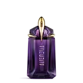 Mugler Alien paarse parfumfles op een lichtgrijze achtergrond