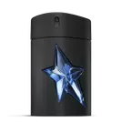 Zwarte A*Men Mugler fles met blauwe ster op een lichtgrijze achtergrond