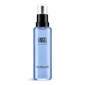 Blauwe Angel Mugler eau de parfum-navulflacon met zwart pompje tegen een witte achtergrond